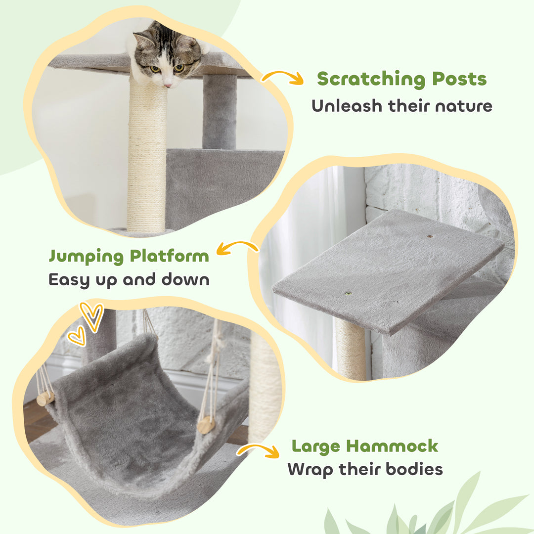 PawHut 66 Inch Large Cat Tree with 2 Door Condos, 3 Big Hammocks, Plush Top Perch, Sisal Scratching Posts, Light Grey