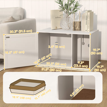 PawHut Cat Litter Box Enclosure, Cat Washroom End Side Table with Rattan Door, Scratching Pad, Non-slip Foot Pads, White