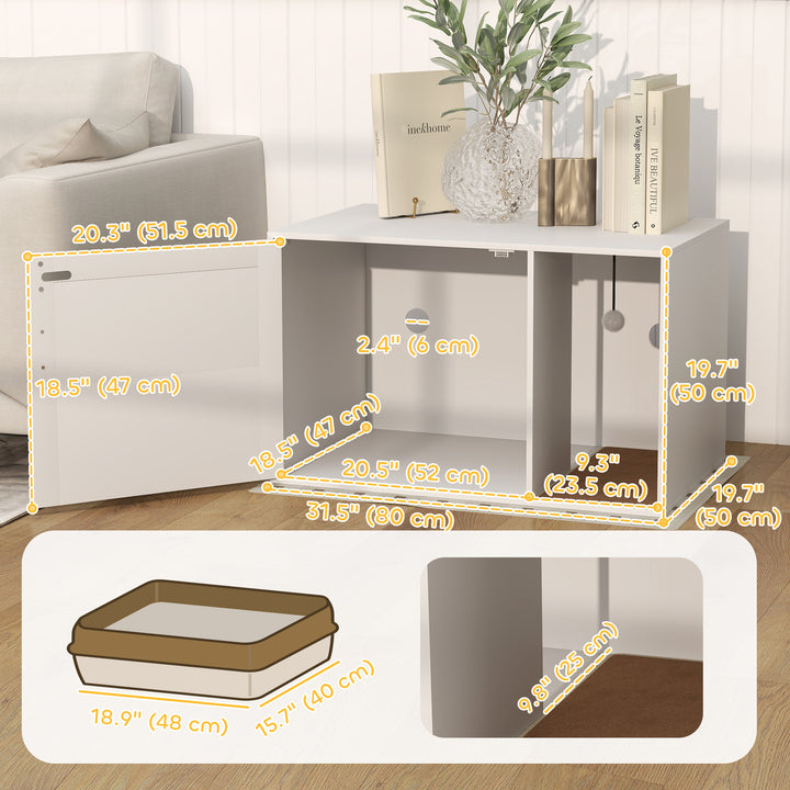 PawHut Cat Litter Box Enclosure, Cat Washroom End Side Table with Rattan Door, Scratching Pad, Non-slip Foot Pads, White
