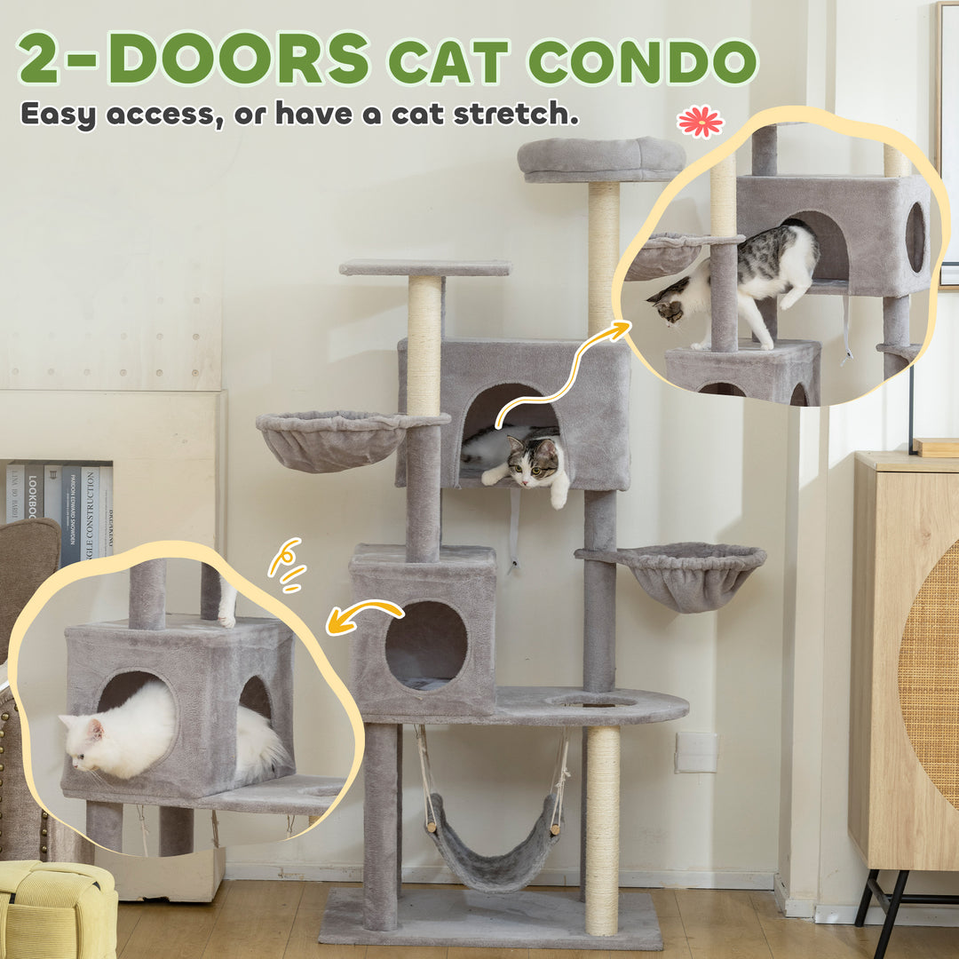 PawHut 66 Inch Large Cat Tree with 2 Door Condos, 3 Big Hammocks, Plush Top Perch, Sisal Scratching Posts, Light Grey