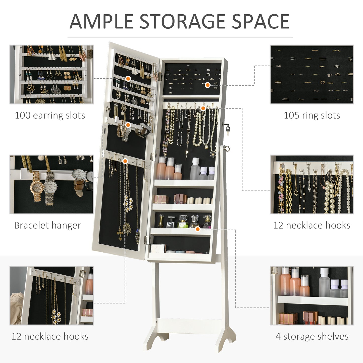 HOMCOM Mirror Jewelry Cabinet Armoire, Lockable Jewelry Organizer with Full-Length Mirror, 3 Angle Adjustable, Grey