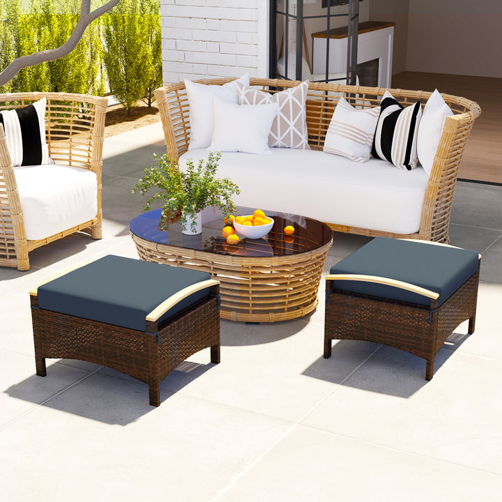 Outsunny 2 Pieces Wicker Outdoor Ottoman with Removable Cushion, Rattan Outdoor Footstool, Footrest and Side Table, Blue