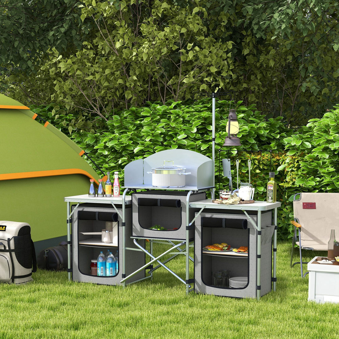 Outsunny Aluminum Camping Kitchen, Portable Folding Camping Table with Fabric Cupboards, Windshield, Bag for BBQ, Picnic, Grey