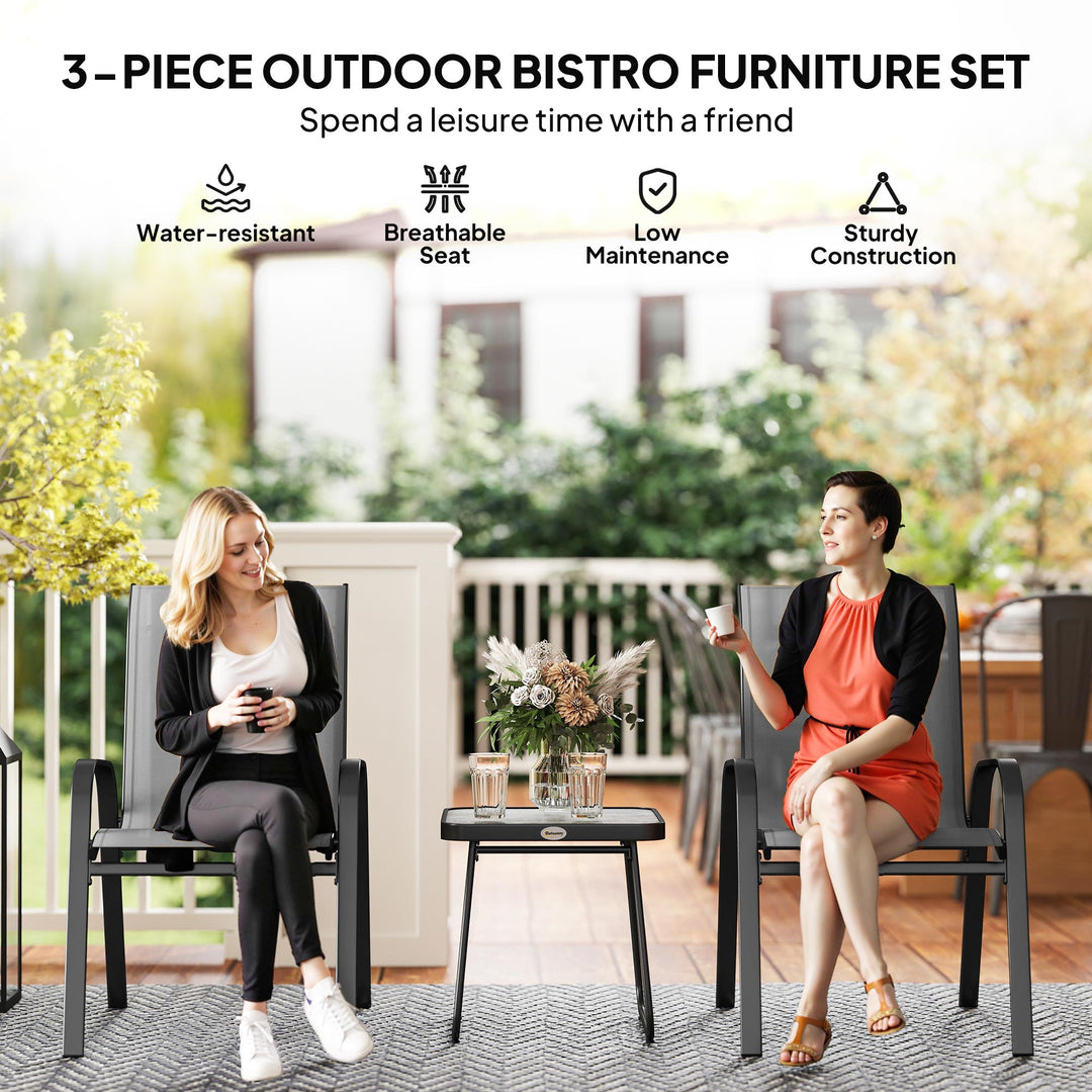 Outsunny Outdoor Bistro Set of 3, 3-Piece Patio Set with Breathable Mesh Fabric, Stackable Chairs and Square Table, Light Grey