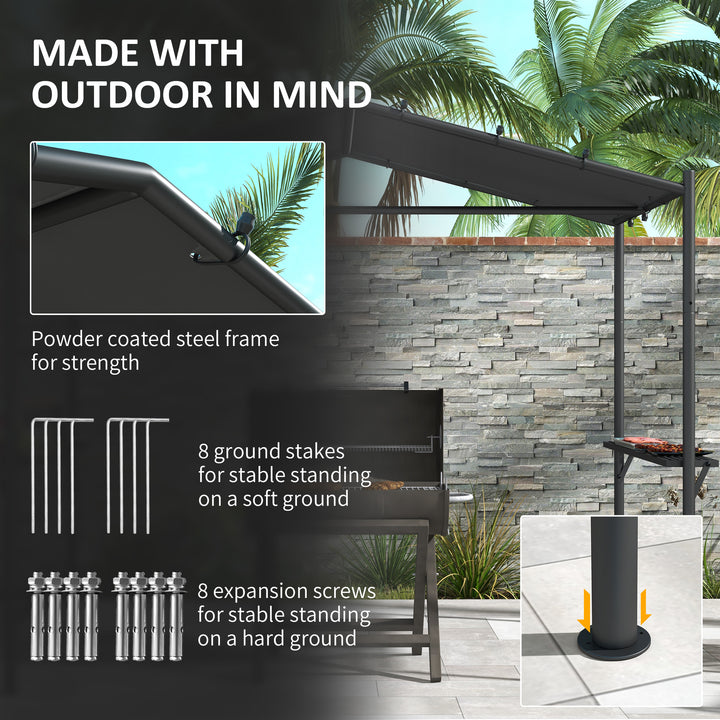 Outsunny 9' x 5' BBQ Grill Gazebo Tent, Garden Grill Canopy Outdoor Grill Shelter w/ Steel Frame and Serving Shelves, Dark Grey