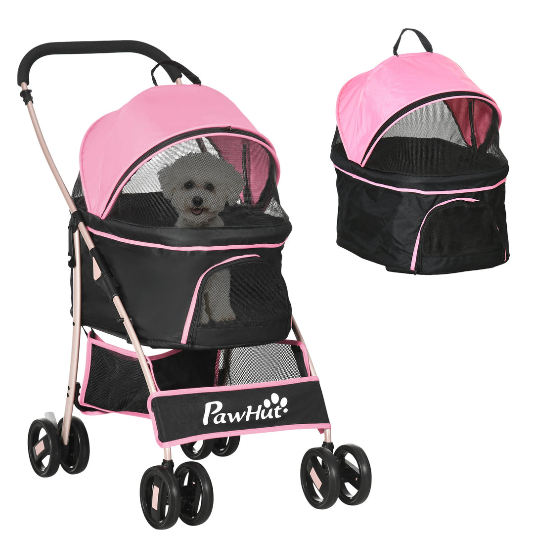 PawHut 4 Wheels Pet Stroller, 3 in 1 Dog Cat Travel Folding Carrier, for Small Dogs, Detachable, w/ Brake, Canopy, Basket, Storage Bag - Yellow