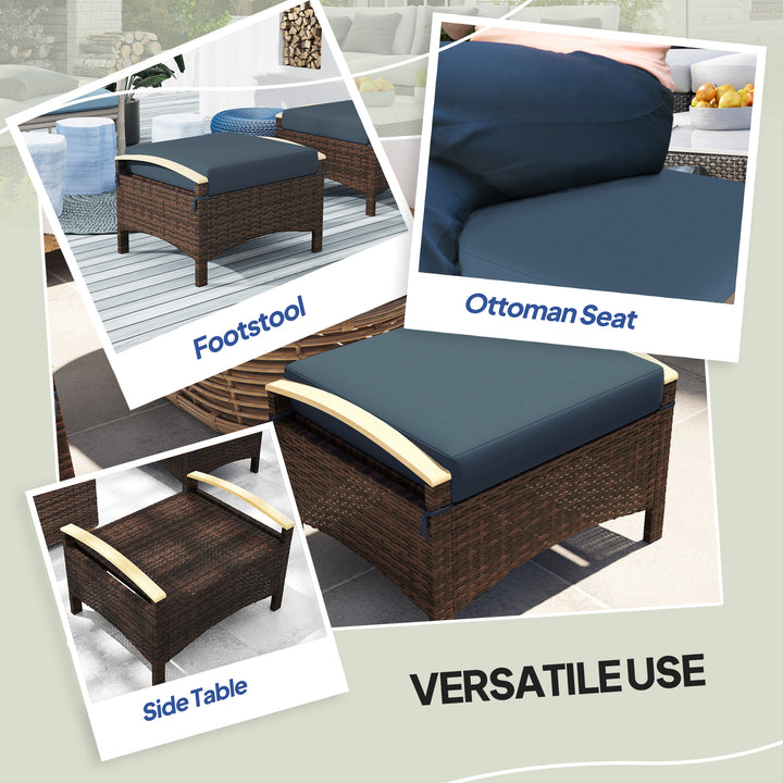 Outsunny 2 Pieces Wicker Outdoor Ottoman with Removable Cushion, Rattan Outdoor Footstool, Footrest and Side Table, Blue