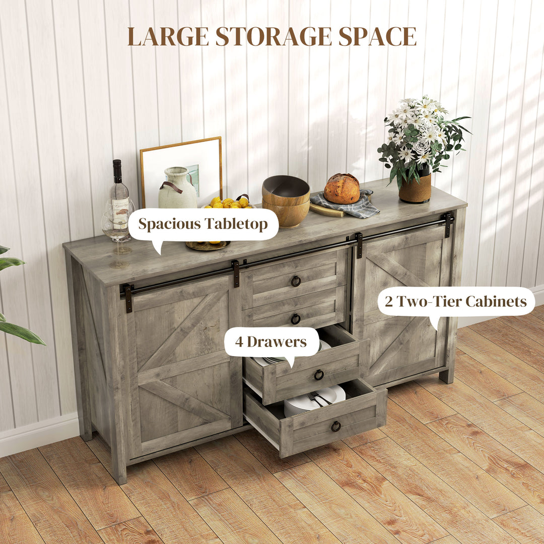 HOMCOM 60" Buffet Cabinet, Farmhouse Sideboard with Sliding Barn Doors, Drawers and Adjustable Shelves, Cream White