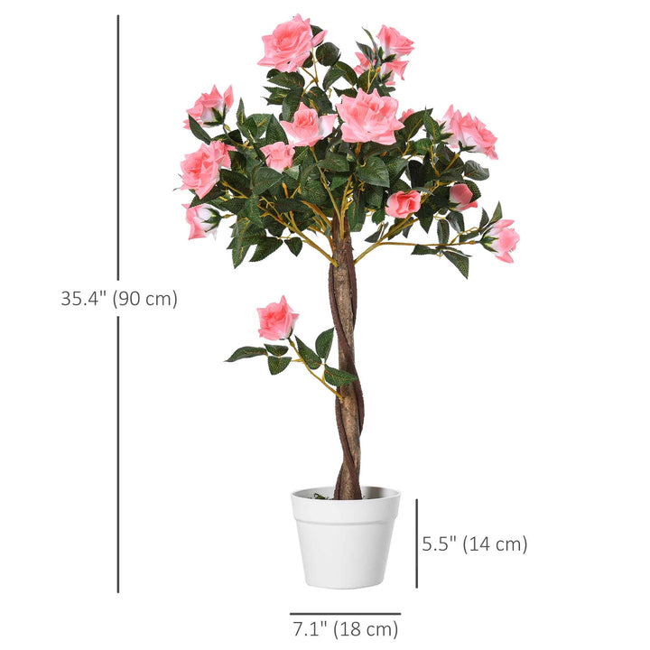 Outsunny 3FT Artificial Plant Pink Rose Floral in Pot, Fake Plant for Home Indoor Decor
