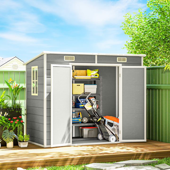 Outsunny 8' x 4' Resin Outdoor Storage Shed with Floor, Window, Lockable Doors and Vents for Backyard Patio Lawn, Light Grey