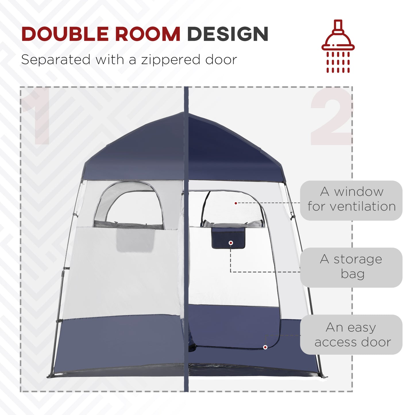 Outsunny Outdoor Portable Pop Up Shower Tent Changing Tent Privacy Enclosure with 2 Rooms, Shower Bag, Floor for Camping, Blue
