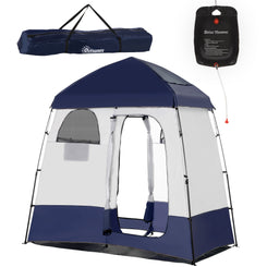 Outsunny Outdoor Portable Pop Up Shower Tent Changing Tent Privacy Enclosure with 2 Rooms, Shower Bag, Floor for Camping, Blue