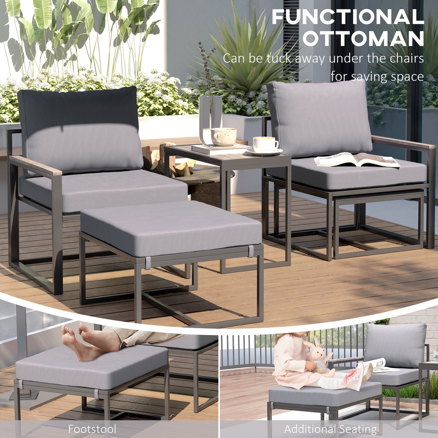 Outsunny 5 Pieces Outdoor Patio Furniture Set with Ottomans, Cushions, Small Patio Sofa Set for Garden, Backyard, Poolside, Grey