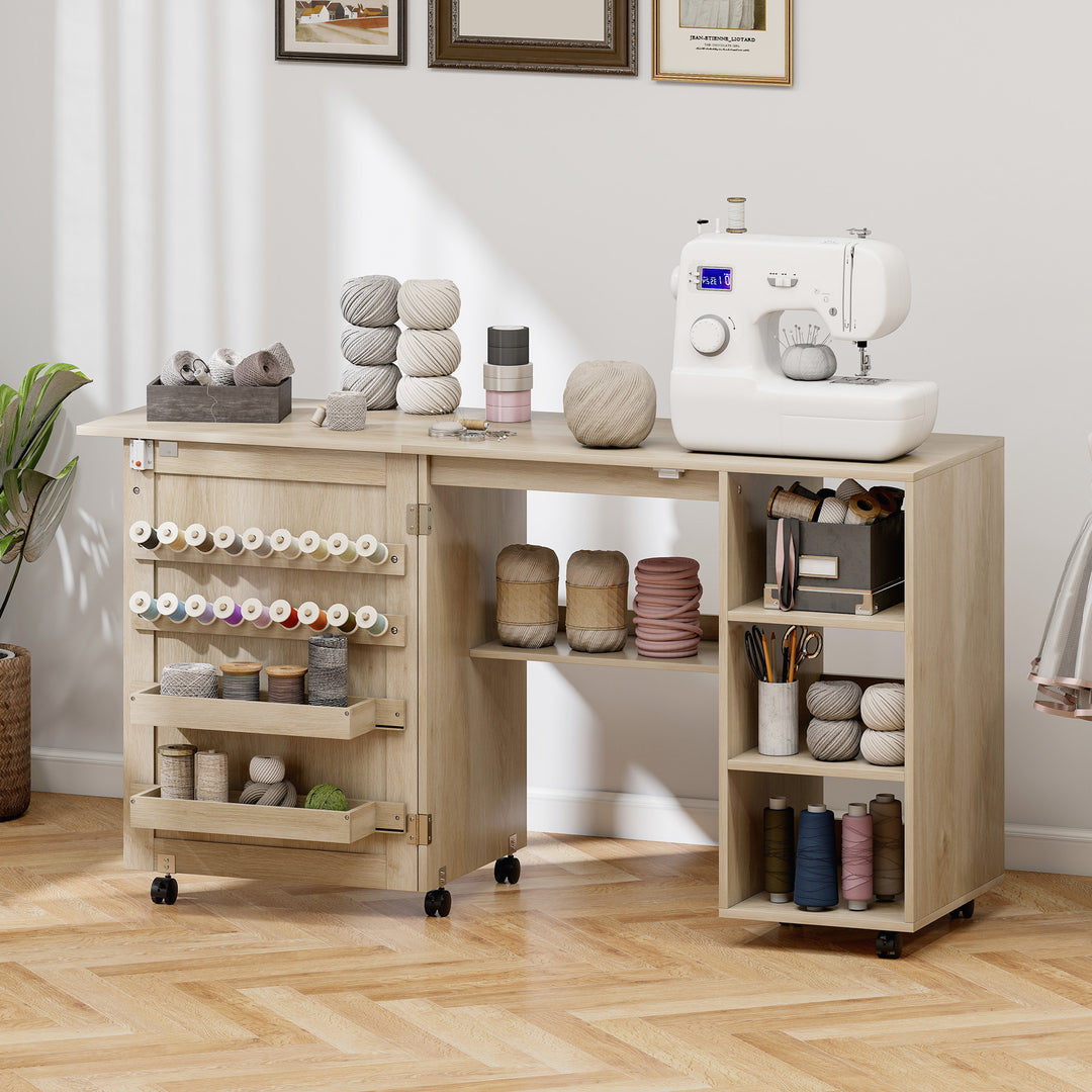 HOMCOM Sewing Machine Table with Drop Leaf, Folding Craft Table Rattan Door and Storage Shelves for Small Spaces, Natural