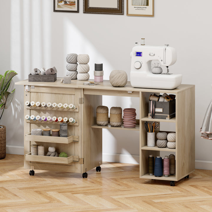 HOMCOM Sewing Machine Table with Drop Leaf, Folding Craft Table Rattan Door and Storage Shelves for Small Spaces, Natural