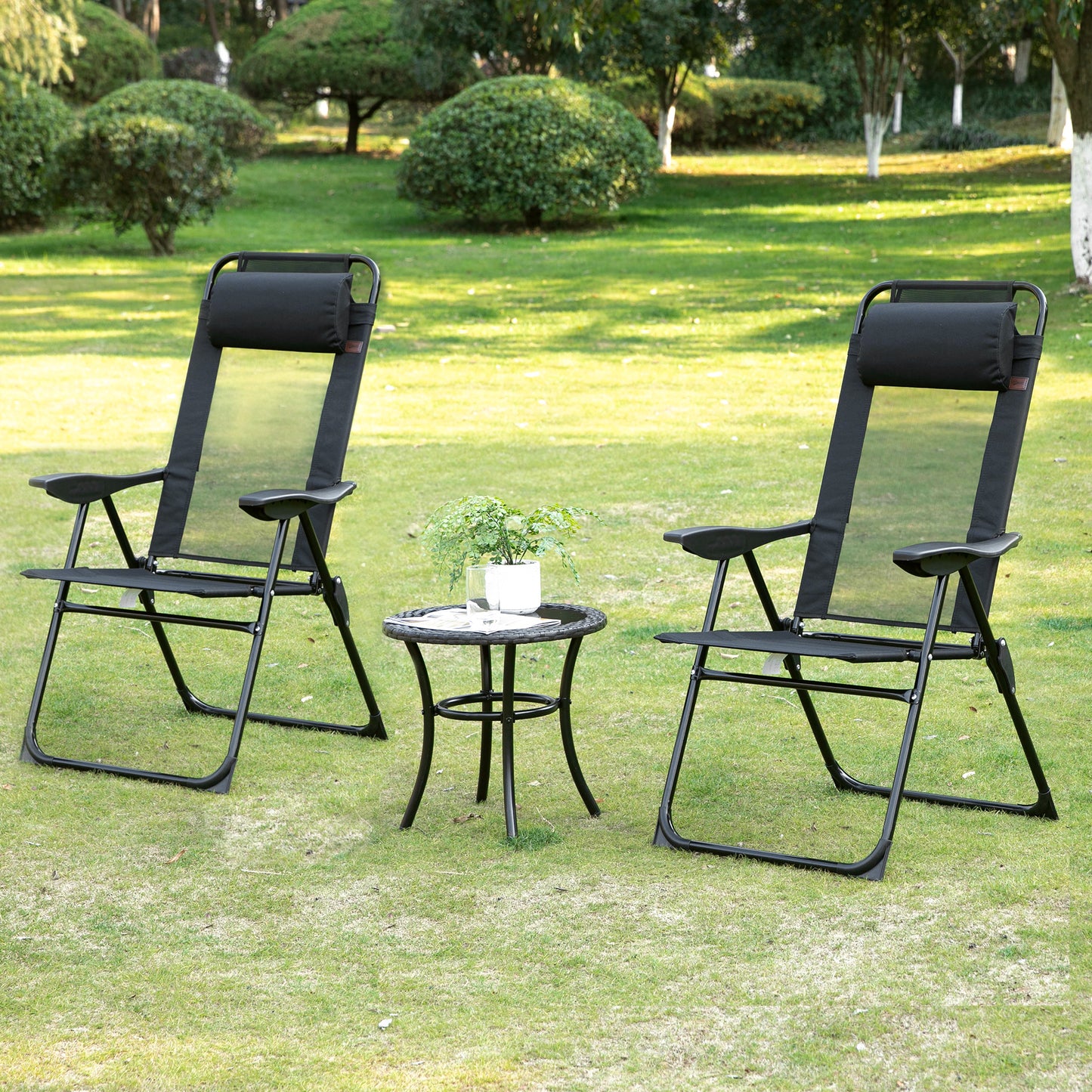 Outsunny Set of 4 Camping Chairs, Outdoor Folding Lounge Chair Set with 5 Level Adjustable Backrest, Removable Headrest, Armrest for Camping, Backyard, Black