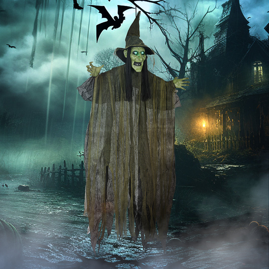 Outsunny Animatronics Hanging Witch, Voice-Activated Prop, Flashing Eyes & Wicked Laughter, Scary Halloween Decoration, Green