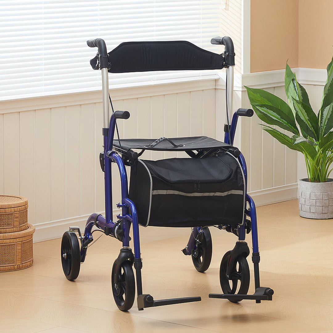 HOMCOM Rollator Walker with Seat, Folding Rolling Walker with 8" Wheels, Walker for Seniors with Adjustable Height, Blue