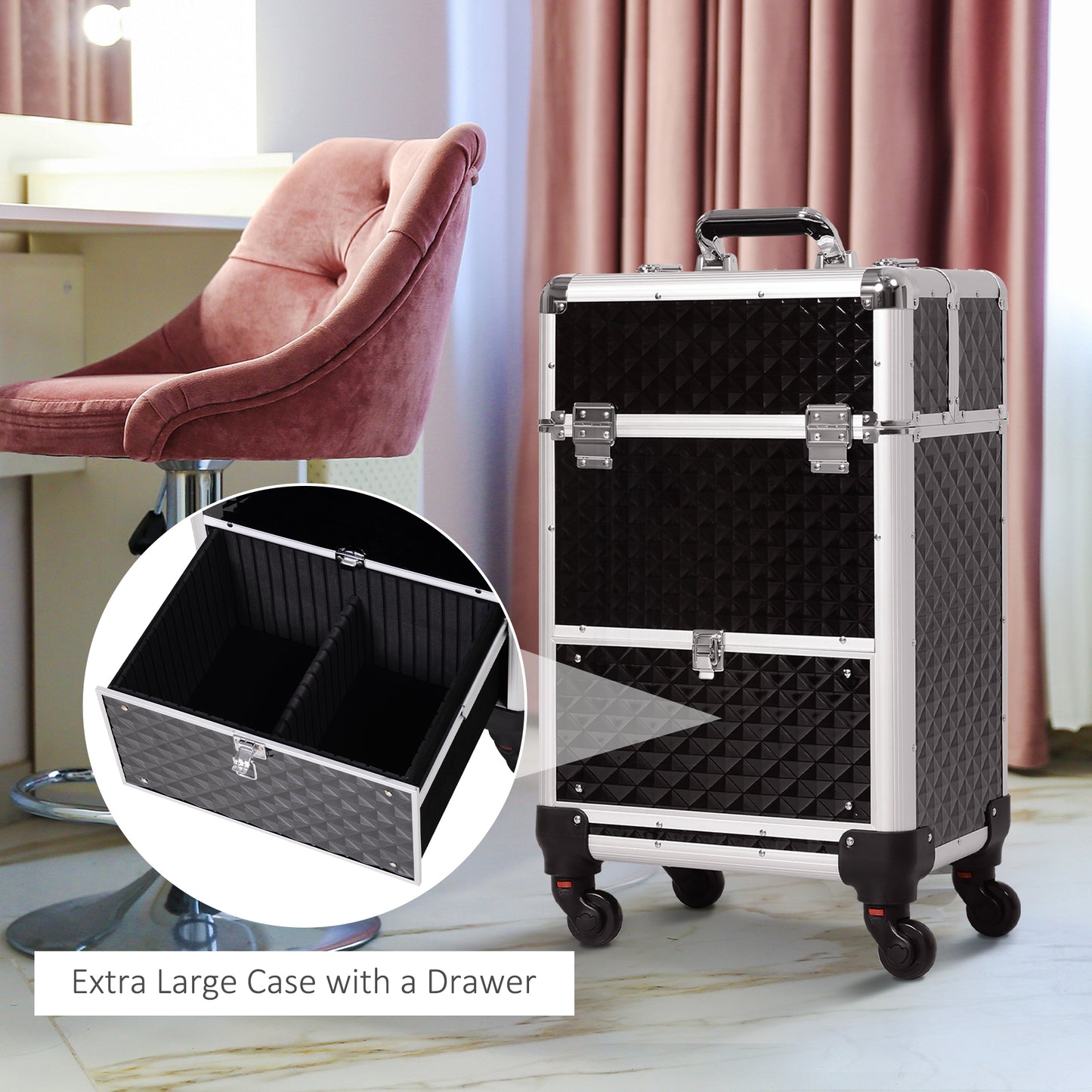 HOMCOM Portable Aluminum Makeup Train Cases, Rolling Makeup Case, Salon Beauty Cosmetic Jewelry Organizer Trolley with 4 Wheels, Pink