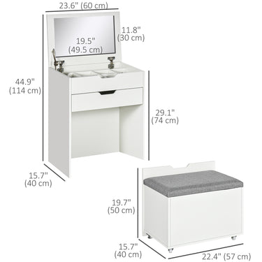 HOMCOM Vanity Set with Flip Top Mirror, Makeup Vanity Table with Stool, Dressing Table with Drawer and 7 Compartments, White