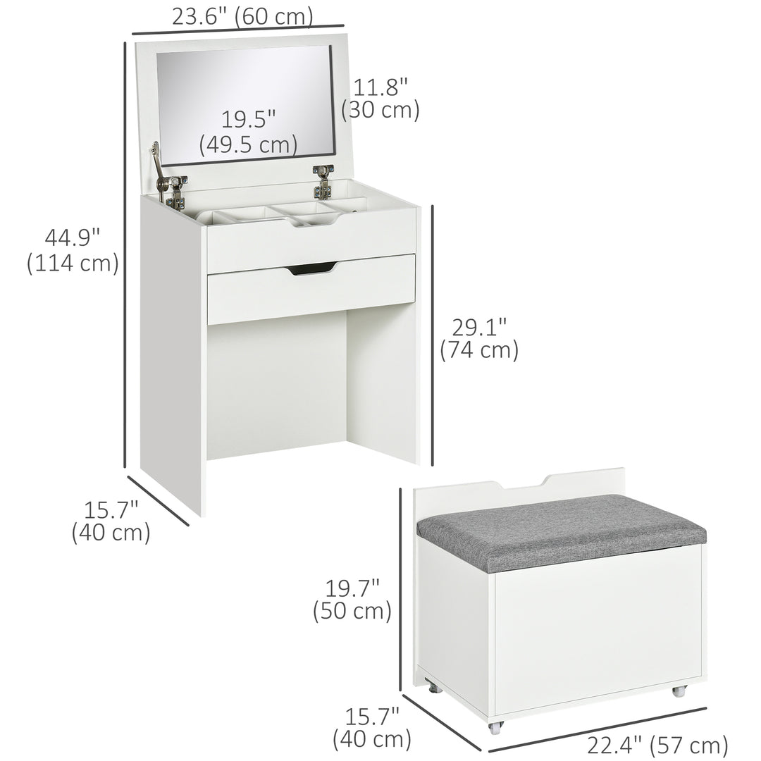 HOMCOM Vanity Set with Flip Top Mirror, Makeup Vanity Table with Stool, Dressing Table with Drawer and 7 Compartments, White