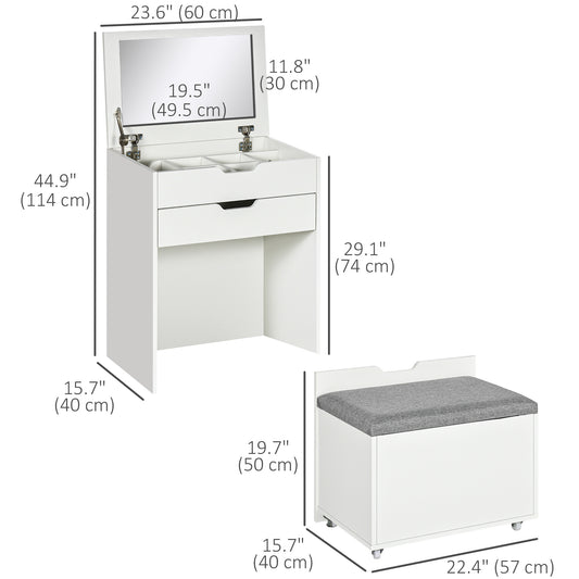 HOMCOM Vanity Set with Flip Top Mirror, Makeup Vanity Desk with Stool, Dressing Table with Drawer and 7 Compartments, White
