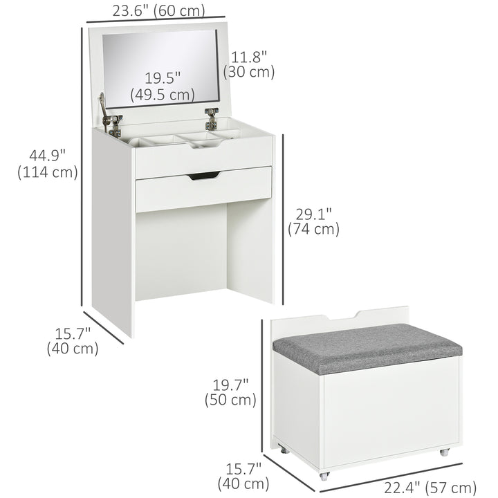 HOMCOM Vanity Set with Flip Top Mirror, Makeup Vanity Table with Stool, Dressing Table with Drawer and 7 Compartments, White