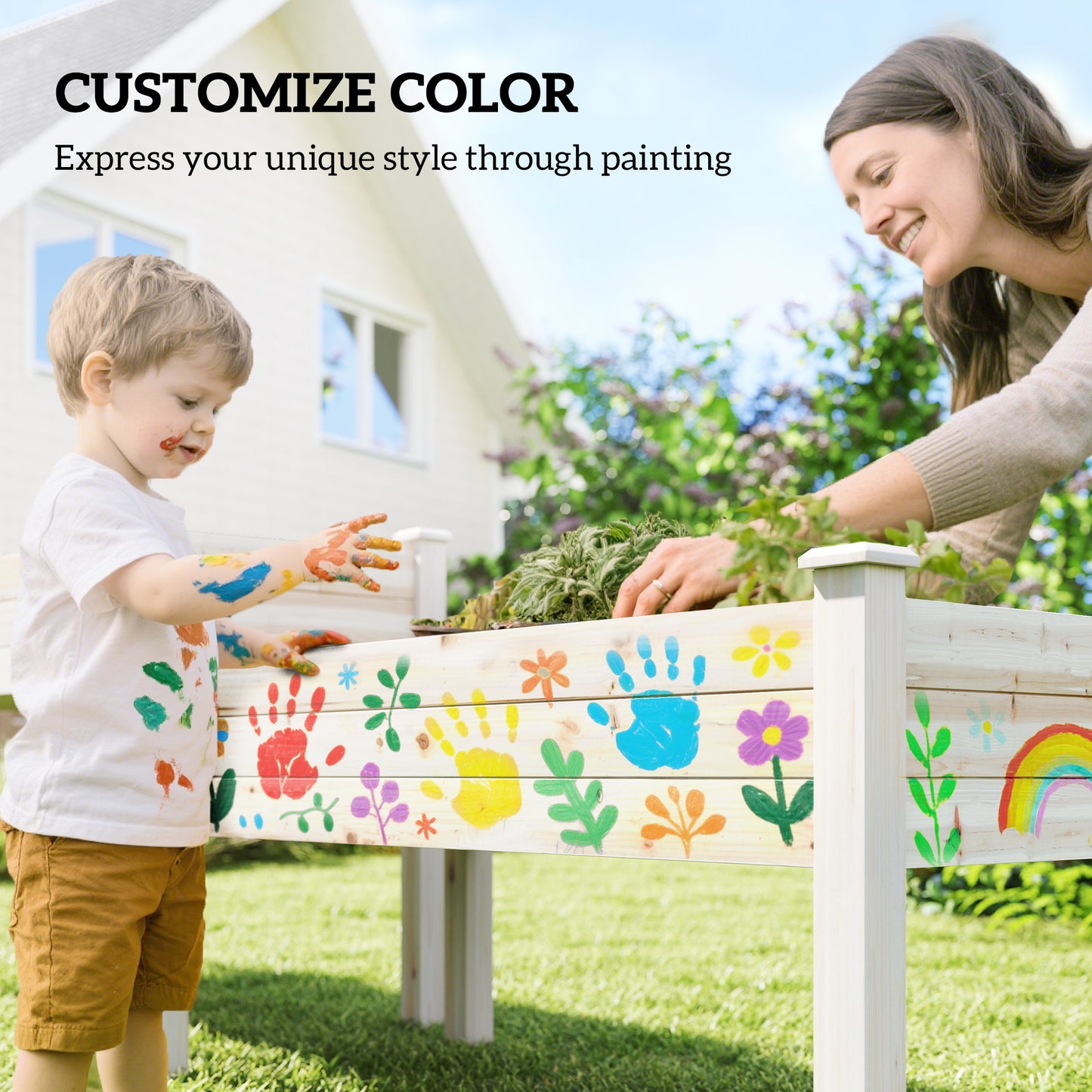 Outsunny 2 Tiers Wood Plant Raised Bed Flower Vegetable Herb Grow Box Stand Garden  Step Planter Stand Free Combination Natural