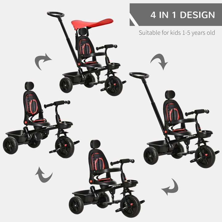Qaba Kids Tricycle 4 In 1 Trike with Reversible Angle Adjustable Seat Removable Handle Canopy Handrail Belt Storage Footrest Brake Clutch for 1-5 Years Old Black