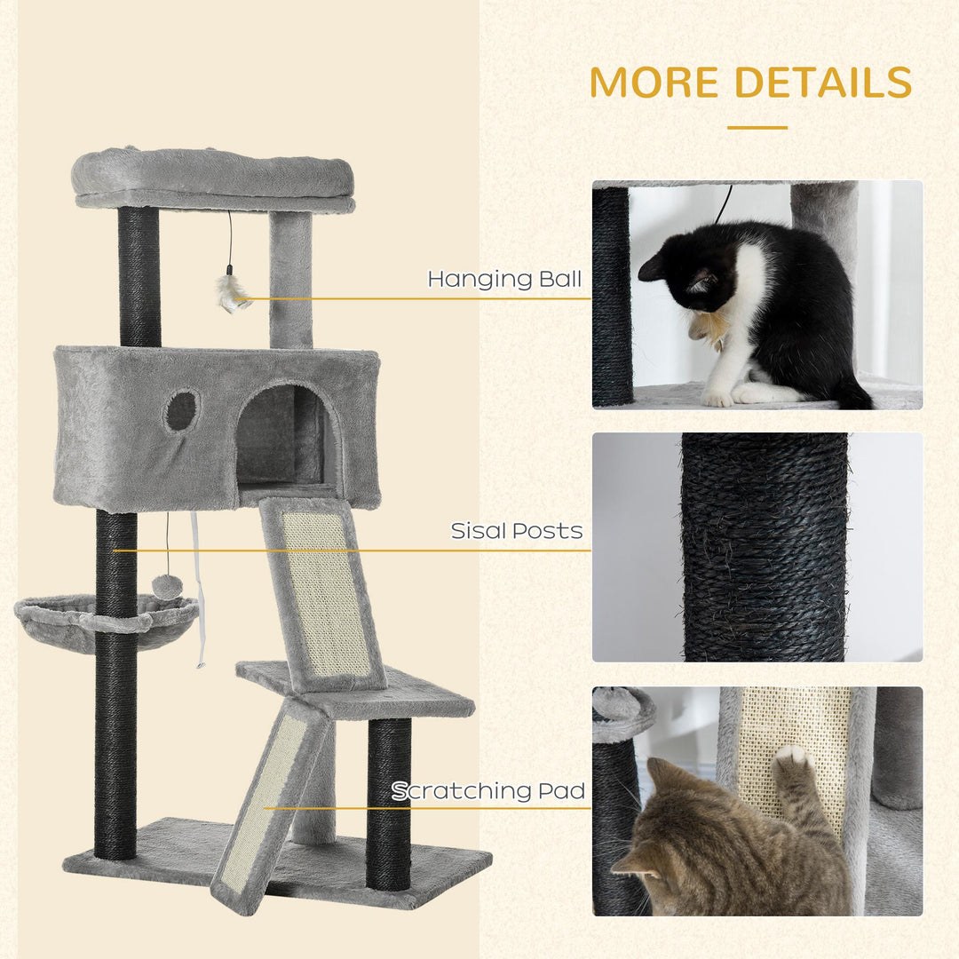 PawHut 47" Cat Tree for Indoor Cats, Kitty Activity Center, Cat Tower with Cat Ear Bed Ramp Condo Hammock Hanging Ball Toys Sisal Rope Scratching Post, Light Grey