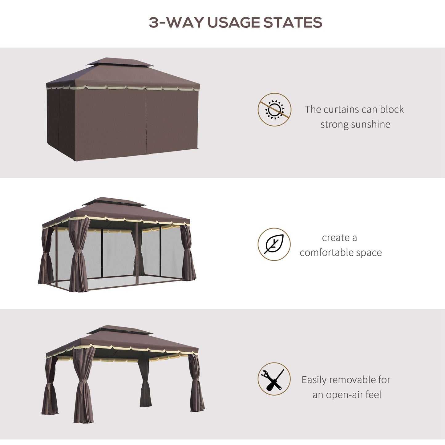 Outsunny 10 x 13ft Aluminum Frame Gazebo Canopy Double Tier Garden Shelter with Netting and Curtains, Coffee