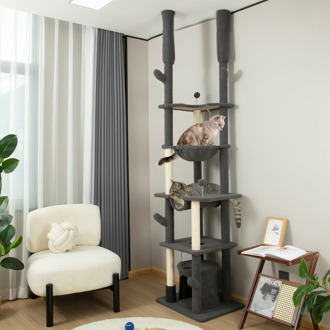 PawHut 89"-100" Floor to Ceiling Cat Tree Cat Tower for Large Cats w/ Scratching Posts, Grooming Brush Post, Cat Condo, Green