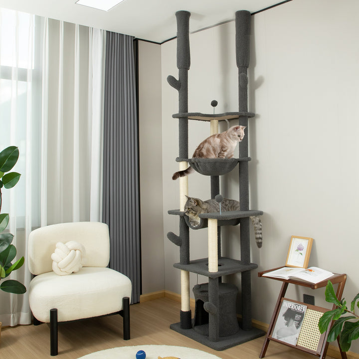 PawHut 89"-100" Floor to Ceiling Cat Tree Cat Tower for Large Cats w/ Scratching Posts, Grooming Brush Post, Cat Condo, Green
