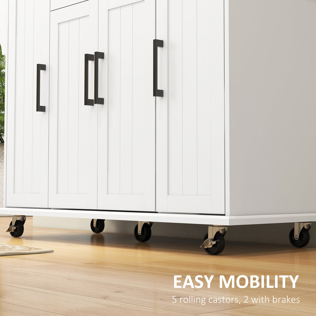 HOMCOM Modern Rolling Kitchen Island Cart with Drawers, Natural Wood Top, Towel Rack, Door Storage Cabinet, White