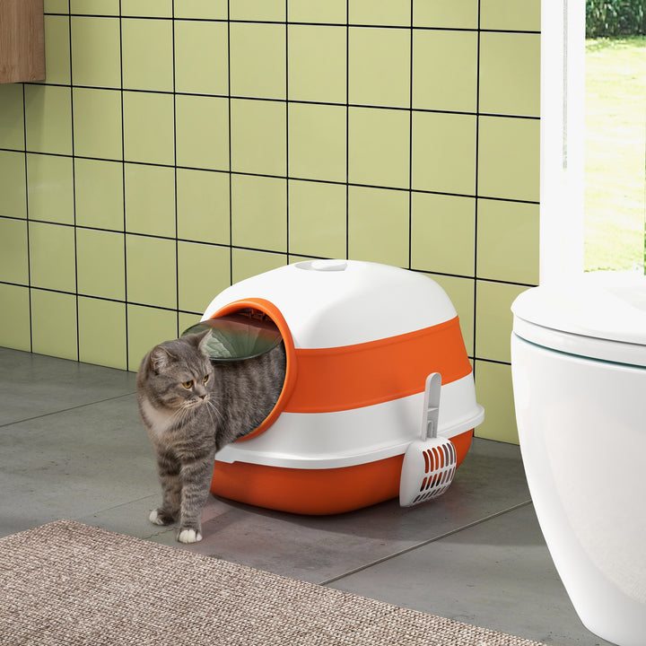 PawHut Foldable Large Cat Litter Box with Lid, Covered Kitten Litter Box w/ Automatic Cat Litter-Proof Sides, Deodorization, Easy to Clean, White and Grey