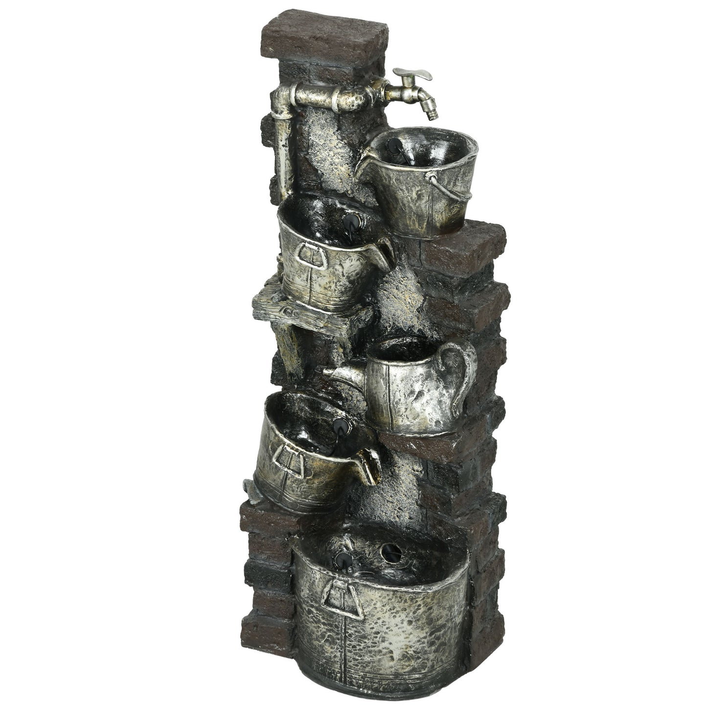 Outsunny 4-Tiered Outdoor Jar and Bowls Water Fountain with LED Lights, Adjustable Flow, 26.4-inch Resin Waterfall Fountain