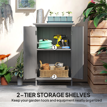 Outsunny Outdoor Storage Cabinet, Wooden Garden Storage Shed with 2-Tier Shelves, Metal Tabletop and Magnetic Doors, Grey