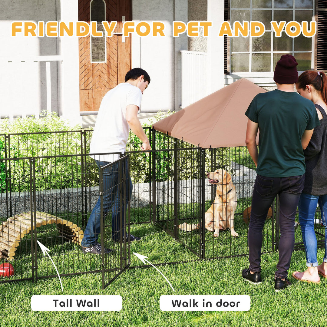 PawHut Outdoor Dog Kennel with Rotating and Adjustable Height Bowls, Waterproof UV-Resistant Cover, 11.3' x 4.7' x 5.1'