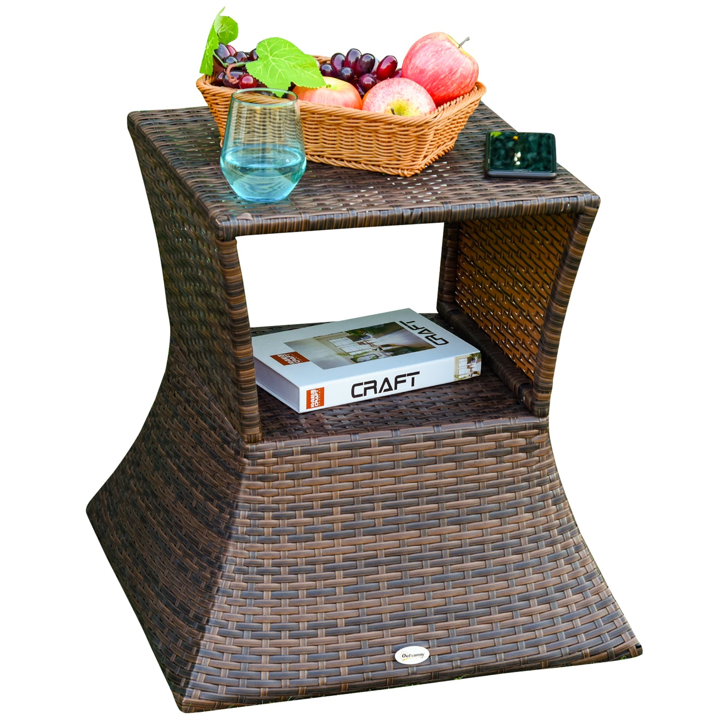 Outsunny Rattan Wicker Side Table, 21.3" Square Outdoor End Table with Umbrella Hole 2-Tier Storage for Patio Garden Mixed Brown