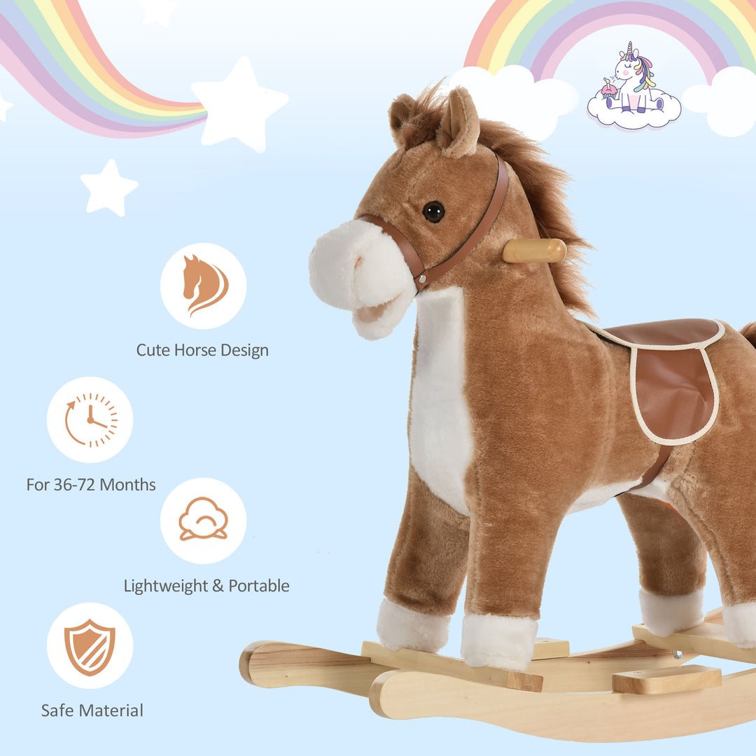 Qaba Rocking Horse Plush Animal on Wooden Rockers with Sounds, Wooden Base, Baby Rocking Chair for 36-72 Months, Brown