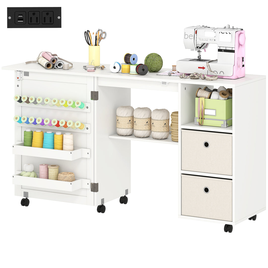HOMCOM Rolling Sewing Machine Table with Power Outlet, Folding Craft Table with 2 Fabric Drawers, 2 Bins and 18 Pegs, White