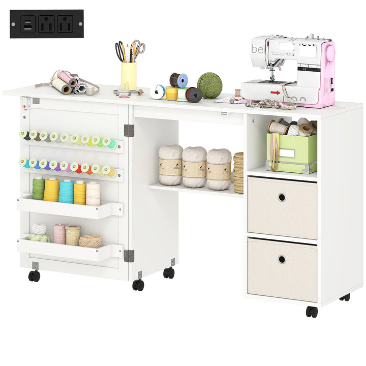 HOMCOM Rolling Sewing Machine Table with Power Outlet, Folding Craft Table with 2 Fabric Drawers, 2 Bins and 18 Pegs, White