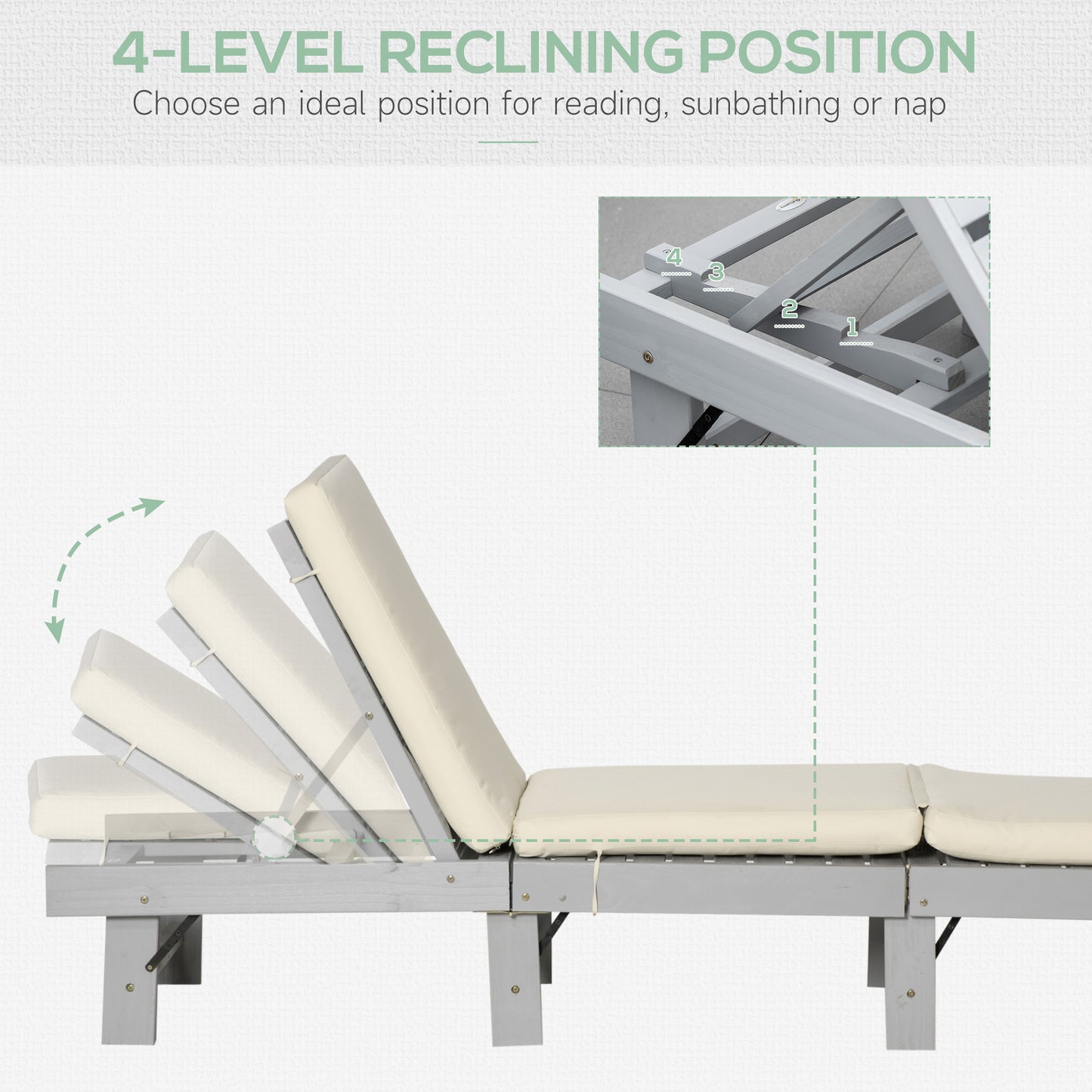Outsunny Wooden Folding Chaise Lounge, Outdoor Chaise Lounge Chair, Garden Reclining Tanning Chair with 4 Adjustable Back Soft Cushions, White