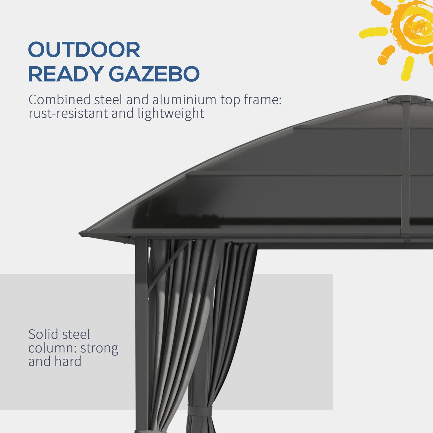Outsunny 10' x 10' Outdoor Gazebo Canopy, Hardtop Gazebo withÂ UV60+ Polycarbonate Roof, Steel Frame, Central Hook, andÂ Curtains, forÂ Garden,Â Lawn,Â Backyard,Â Deck, Dark Grey