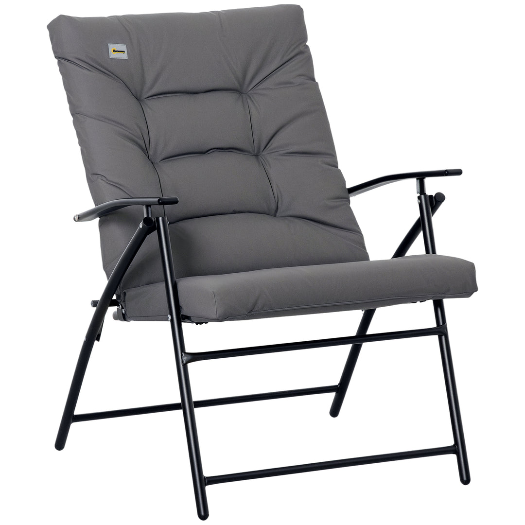 Outsunny Foldable Lounge Chair, Fabric Upholstered Recliner, Outdoor Lounger with Armrest, Metal Frame for Backyard, Grey