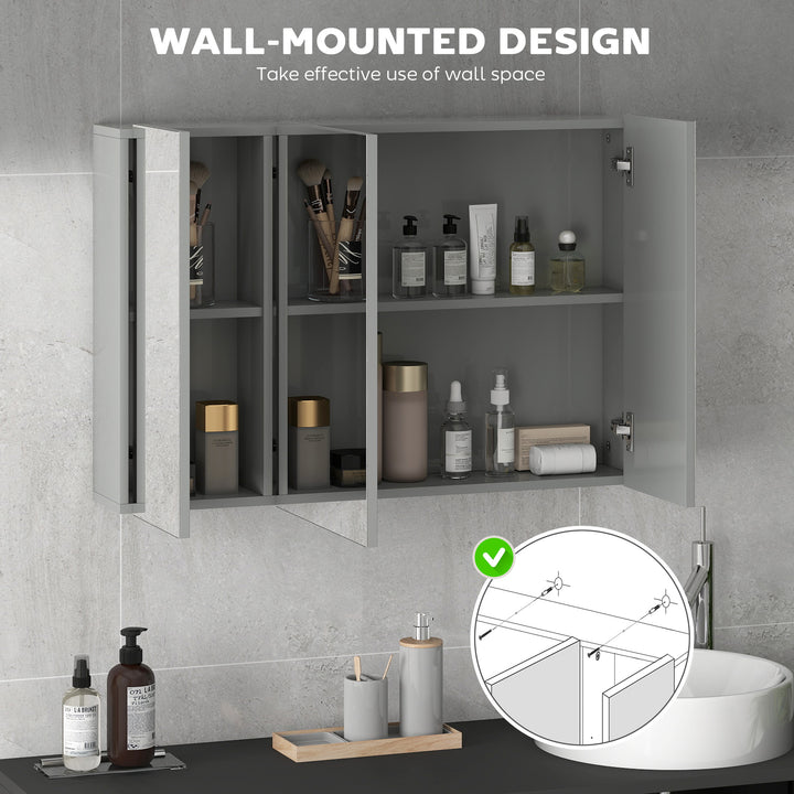 kleankin 28" x 24" Wall Mounted Mirror Cabinet, Bathroom Medicine Cabinet with Mirror, 3 Doors and Adjustable Shelves, White