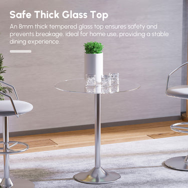 HOMCOM Round Dining Table, Modern Pub Table with Tempered Glass Top, Galvanized Metal Base, Small Dining Table, Silver