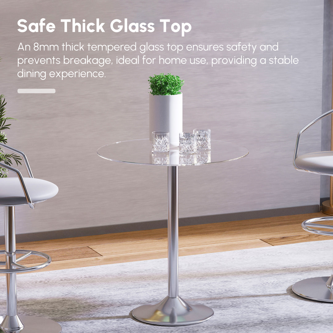 HOMCOM Round Dining Table, Modern Pub Table with Tempered Glass Top, Galvanized Metal Base, Small Dining Table, Silver