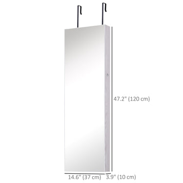 HOMCOM Mirror Jewellery Cabinet Armoire with LED Lights and 2 Keys, Wall Door Mounted Jewellery Organizer, Lockable Full-length Mirror, Wood Grain Grey