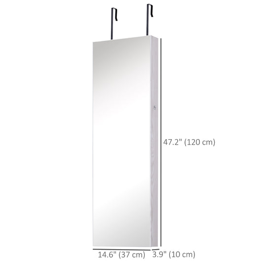 HOMCOM Mirror Jewelry Cabinet Armoire with LED Lights and 2 Keys, Wall Door Mounted Jewelry Organizer, Lockable Full-length Mirror, Wood Grain Grey